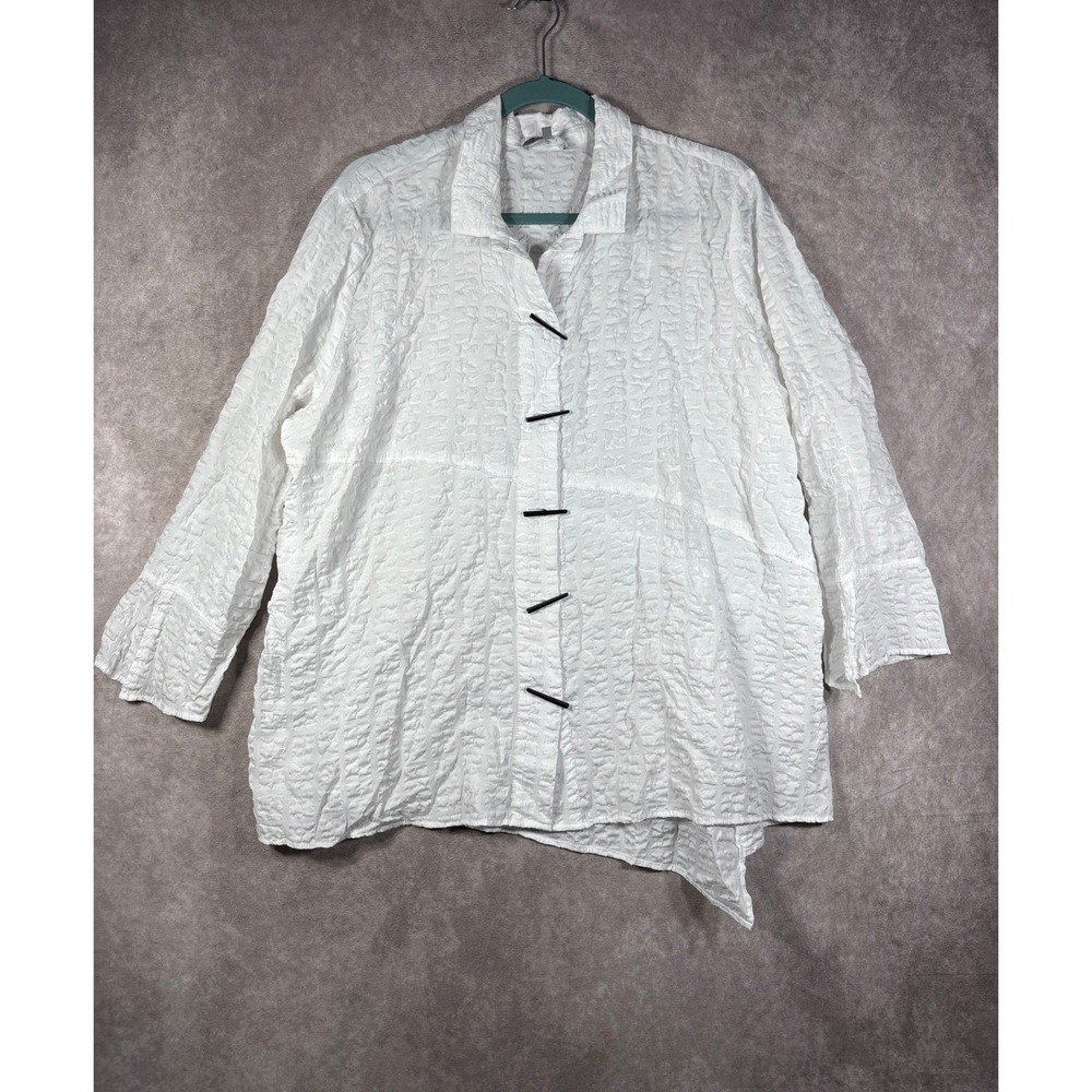 Habitat Button Down Shirt Womens XL White Crinkle Asymmetric Toggle Top Boho
